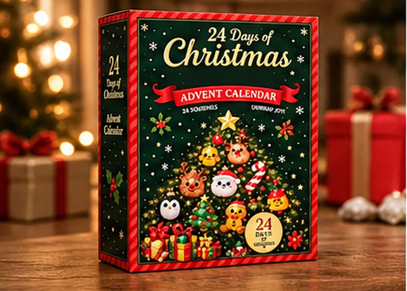 Förpackningen "24 Days of Christmas Advent Calendar" framför ljusslingor och julklappar