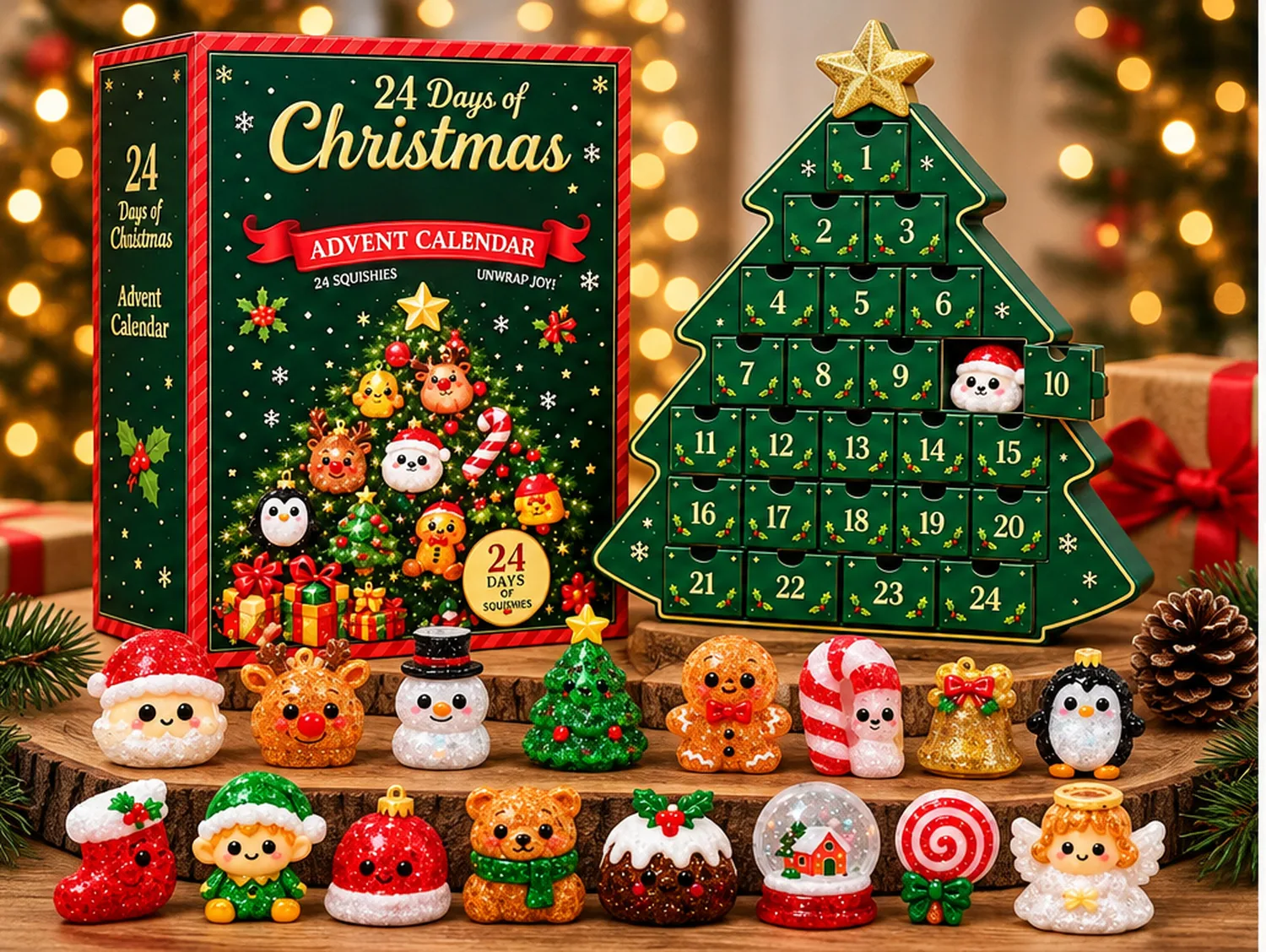 Julkalendern i form av en grön julgran med 24 luckor, asken och figurerna framför granar och ljusslingor